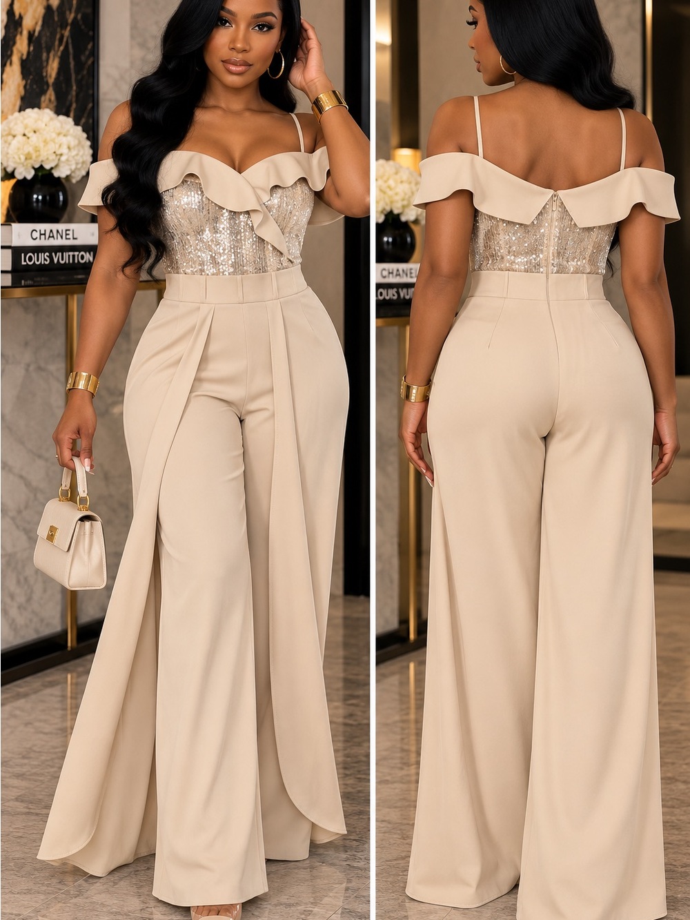 Beige Off-Shoulder Sequin Bodice Wide-Leg Jumpsuit